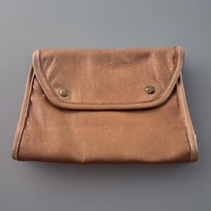 Vtg Leather Canvas Carry All Travel Organizer Toiletry Bag Zippered Compartment